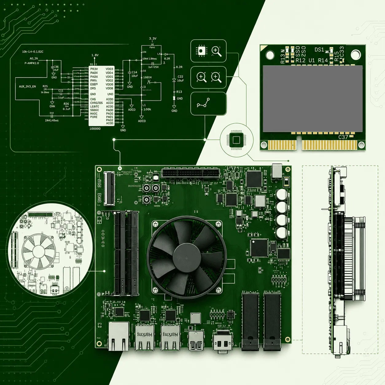 Engineer inspecting a circuit board for reverse engineering